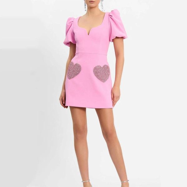 Pink Sequin Heart Puff Sleeve Mini Dress